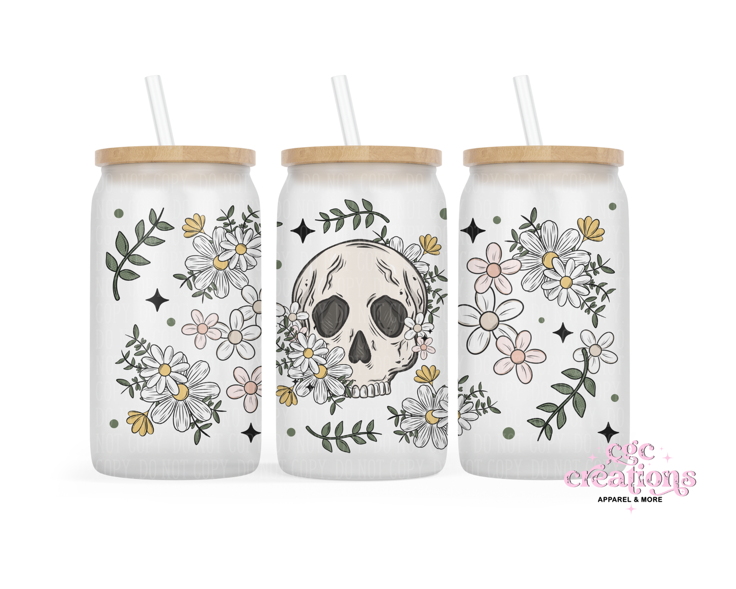 Floral Skellie 16oz Glass Cup With Lid