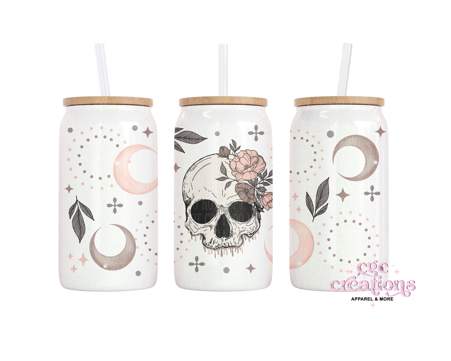 Floral Skellie #2 16oz Glass Cup With Lid