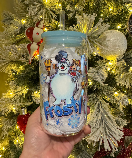 Snowman 16oz Glass Cup With Lid
