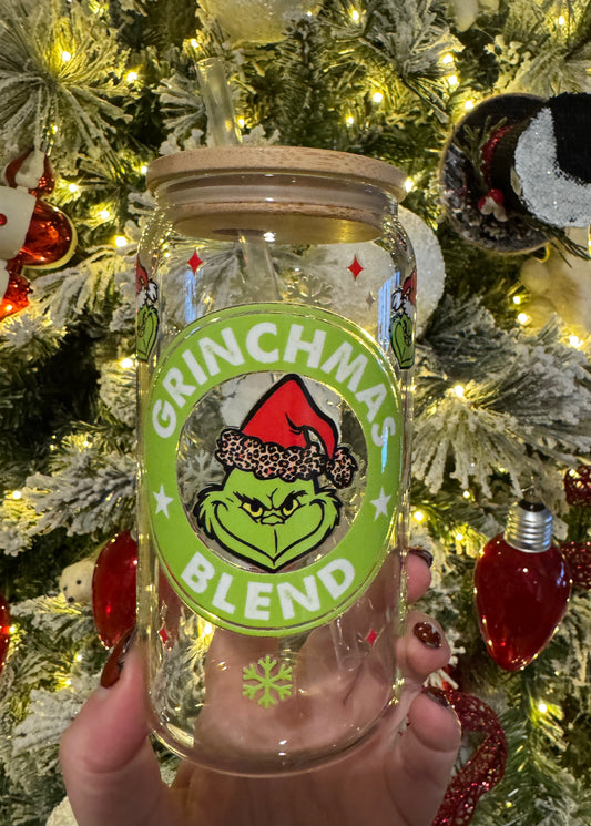 Grincmas Blend 16oz Glass Cup With Lid