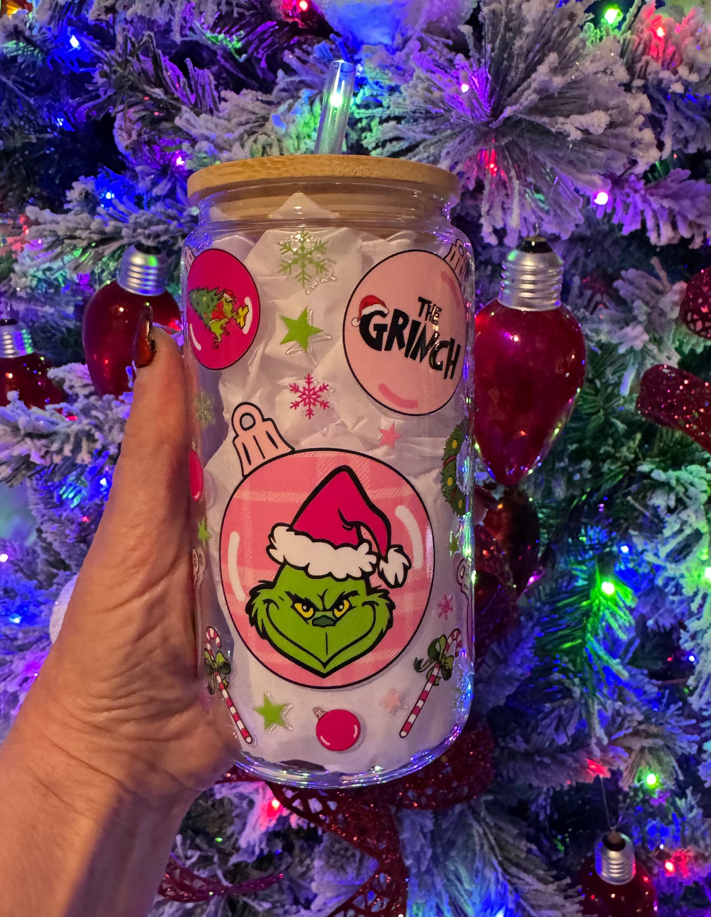 Mean One Christmas Balls 16oz Glass Cup With Lid