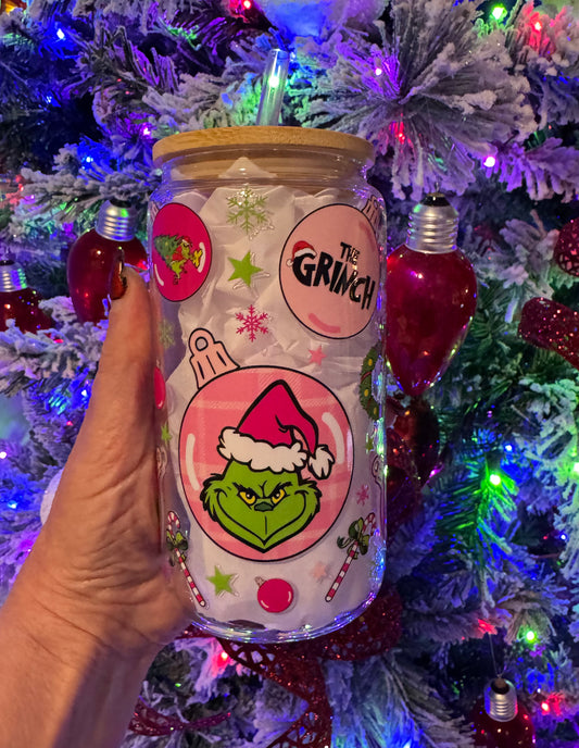 Mean One Christmas Balls 16oz Glass Cup With Lid