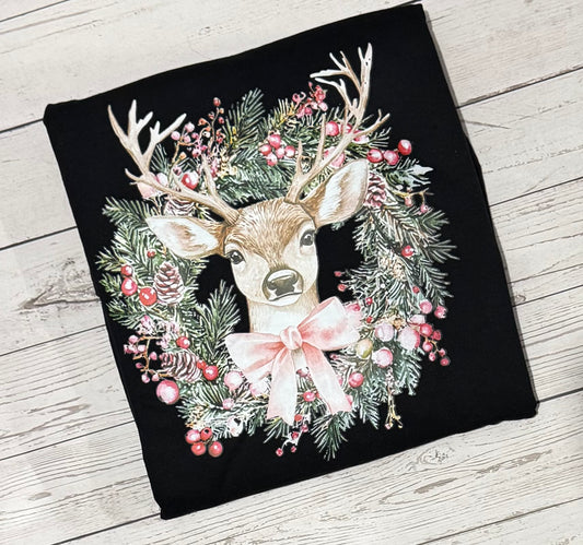 BLACK CREWNECK-Reindeer Wreath Crewneck Sweatshirt