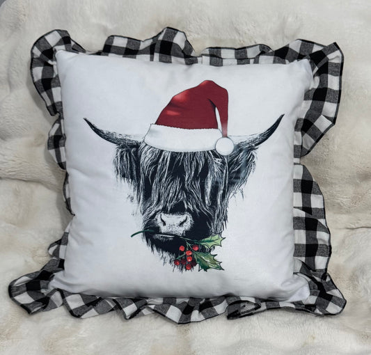 Highland Cow Christmas Black Plaid Trim Pillow
