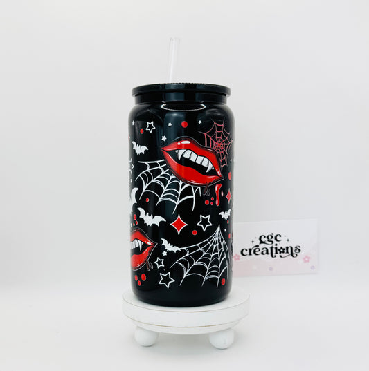 Spooky Vampire 16oz Glass Cup With Lid