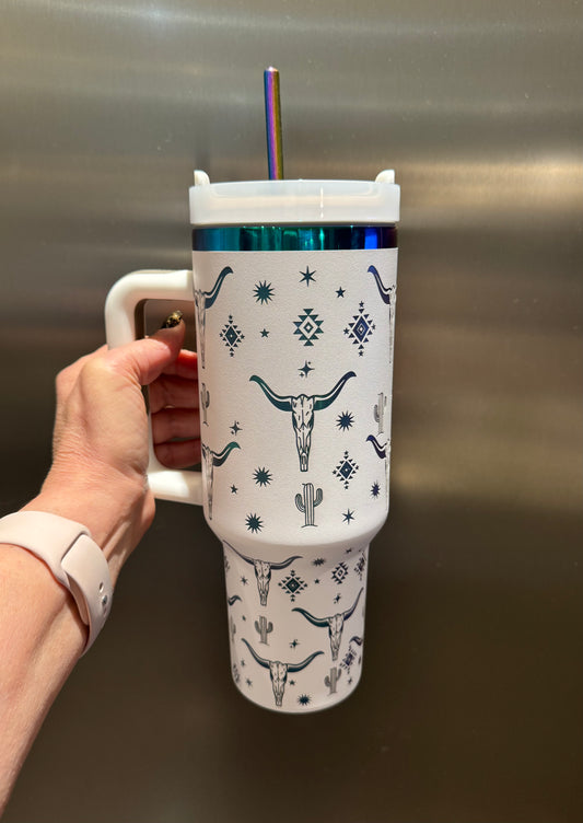 White (Rainbow Base) Laser Engraved Western Bullhorn 40 oz Insulated Tumbler