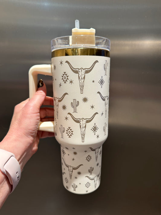Cream (Gold Base) Laser Engraved Western Bullhorn 40 oz Insulated Tumbler