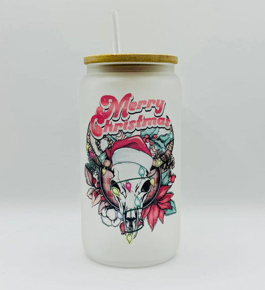 Merry Christmas Bullhorn 16oz Glass Cup With Lid