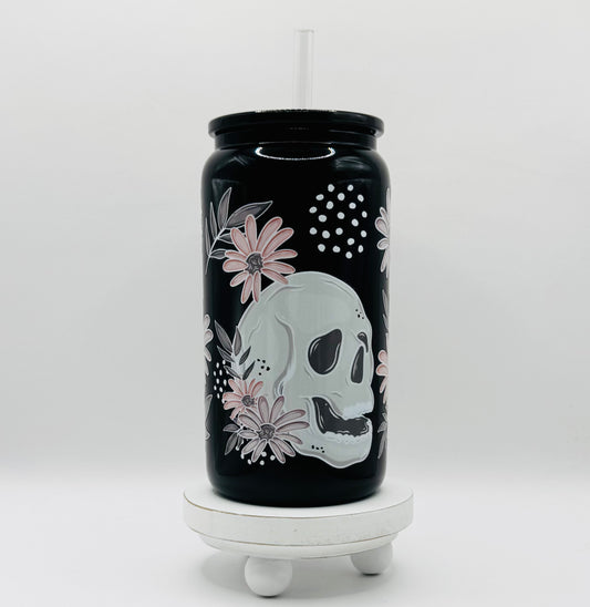 Cute Skellie 16oz Glass Cup With Lid