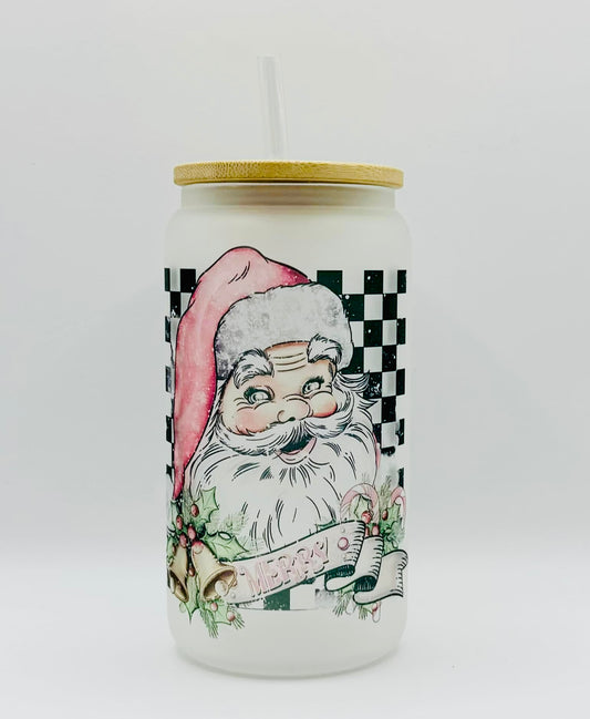 Merry Santa 16oz Glass Cup With Lid