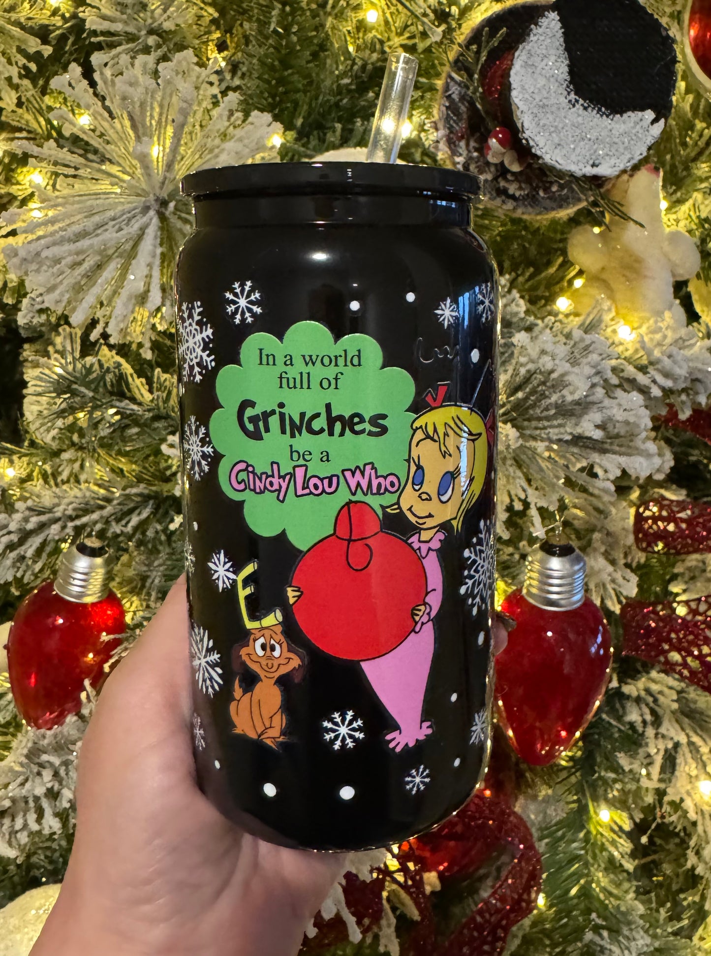Be A Cindy Christmas 16oz Black Glass Cup With Lid