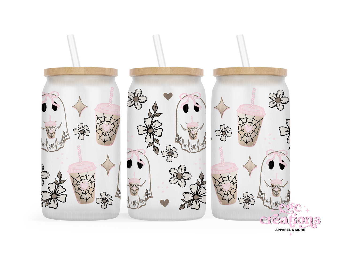 Cute Ghostie 16oz Glass Cup With Lid