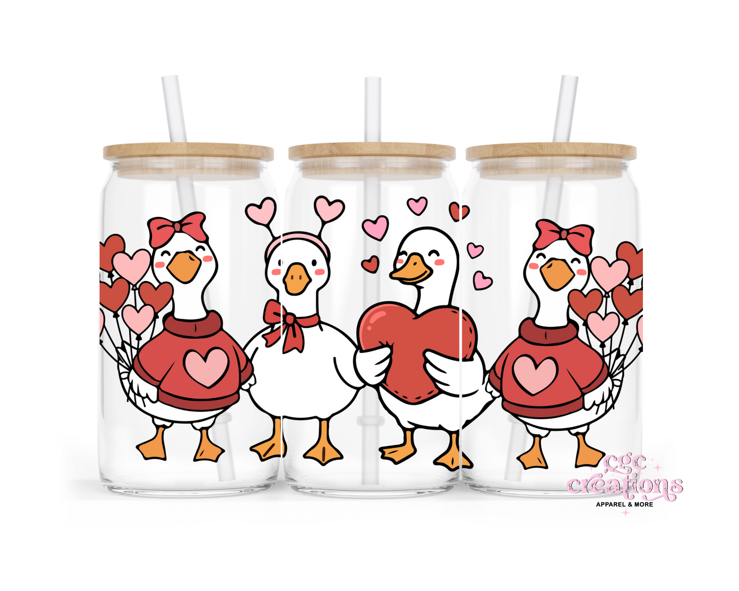 Ducks With Hearts 16oz Glass Cup With Lid