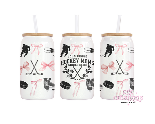 Hockey Moms Social Club 16oz Glass Cup With Lid