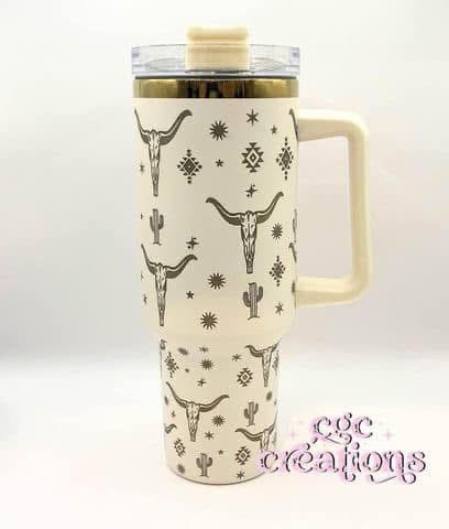Cream (Gold Base) Laser Engraved Western Bullhorn 40 oz Insulated Tumbler