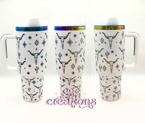 White (Rainbow Base) Laser Engraved Western Bullhorn 40 oz Insulated Tumbler