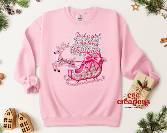 FAUX BEADS & STITCHING - Just A Girl Who Loves Christmas  Crewneck Sweatshirt