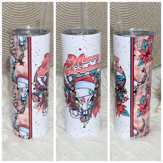 Western Merry Christmas Bull Skull 20oz Insulated Tumbler