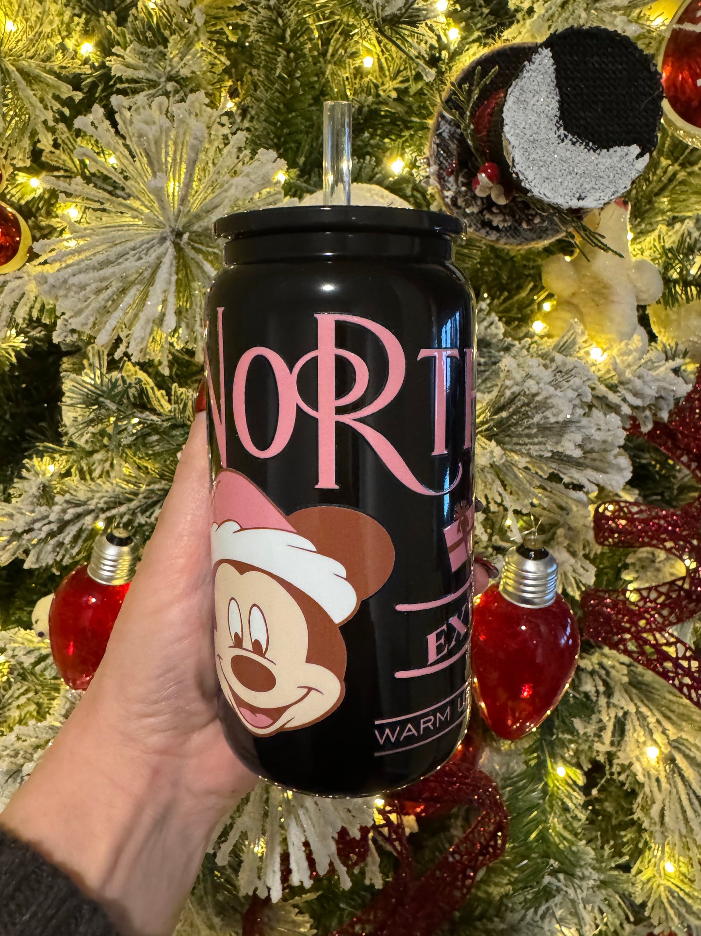 Magical Mouse Christmas 16oz Black Glass Cup With Lid