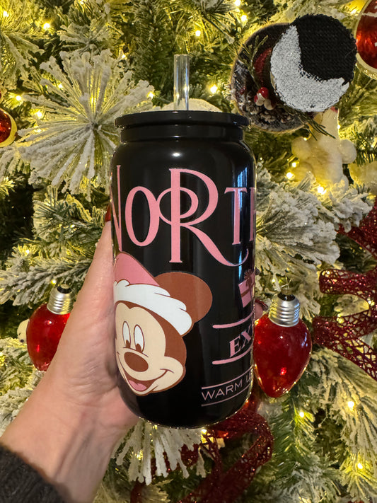 Magical Mouse Christmas 16oz Black Glass Cup With Lid