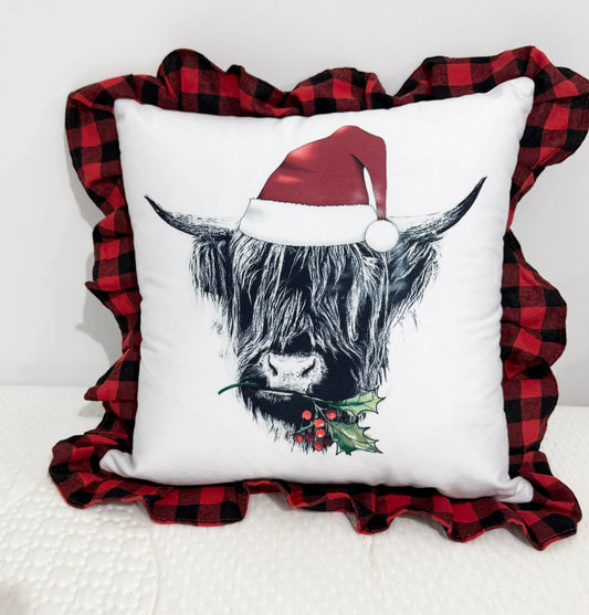 Highland Cow Christmas Red Plaid Trim Pillow