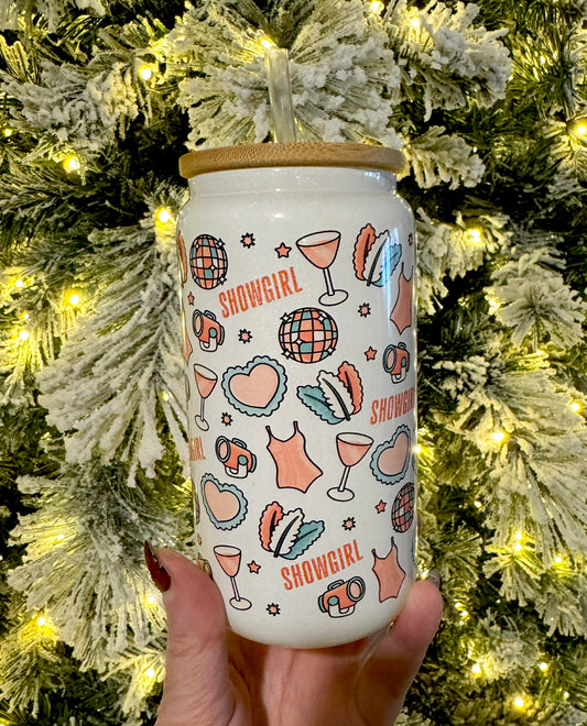 Showgirl - White Shimmer 16oz Glass Cup With Lid