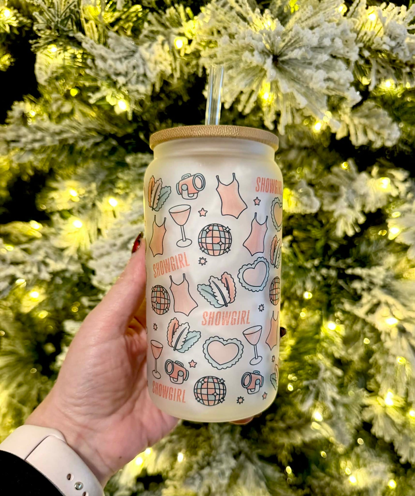 Showgirl - Frosted 16oz Glass Cup With Lid