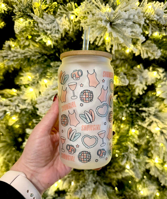 Showgirl - Frosted 16oz Glass Cup With Lid