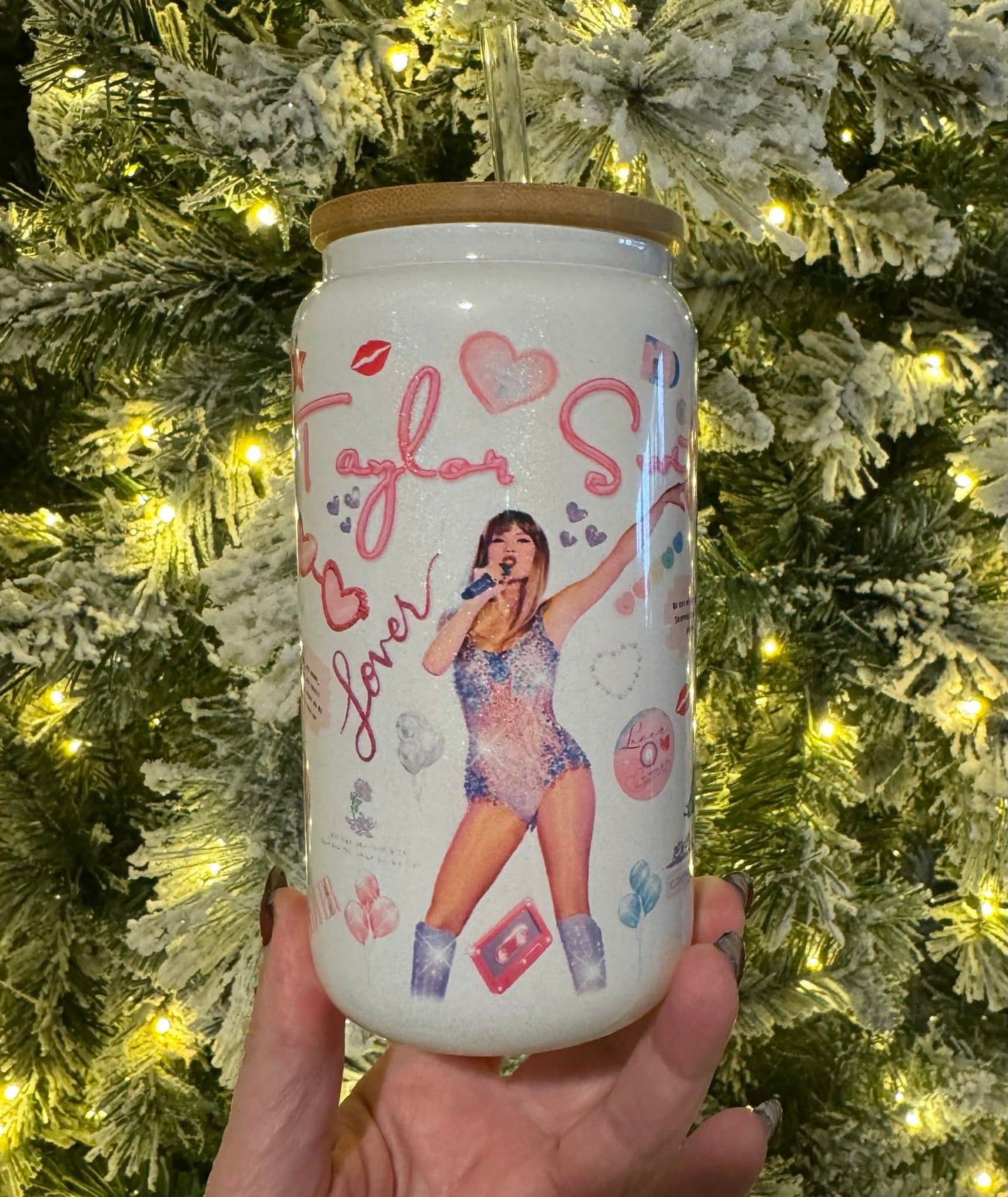 Taylor - White Shimmer 16oz Glass Cup With Lid