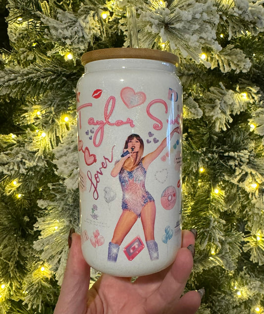 Taylor - White Shimmer 16oz Glass Cup With Lid