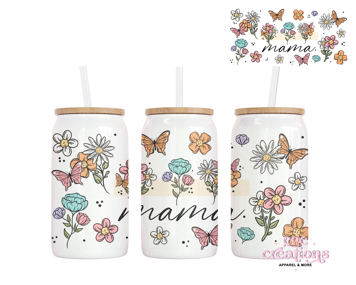 Floral Mama, Nana, Grandma, Aunt Etc. 16oz Glass Cup With Lid