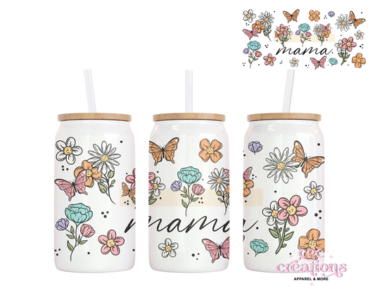 Floral Mama, Nana, Grandma, Aunt Etc. 16oz Glass Cup With Lid