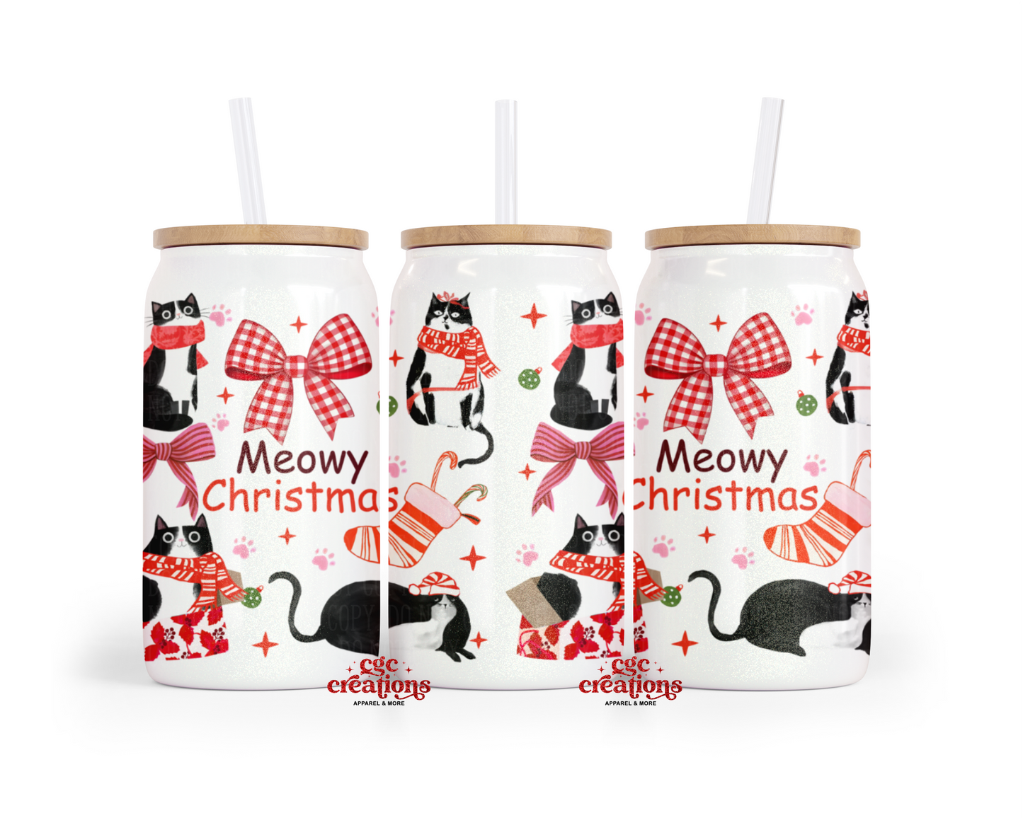 Meowy Christmas 16oz Glass Cup With Lid