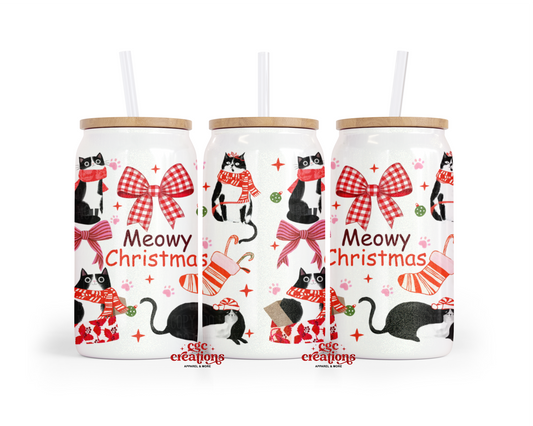 Meowy Christmas 16oz Glass Cup With Lid