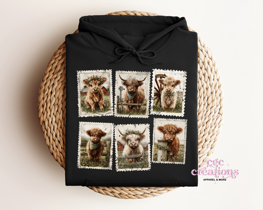 Highland Cow Postage Stamps Hoodie