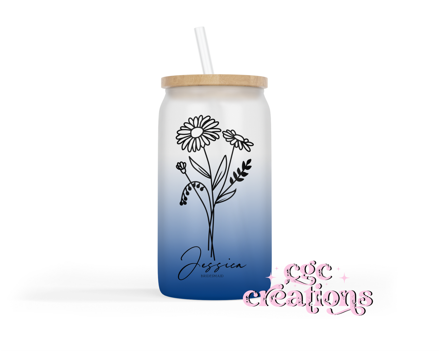 Wedding Party Personalized 16oz Glass Cup With Lid