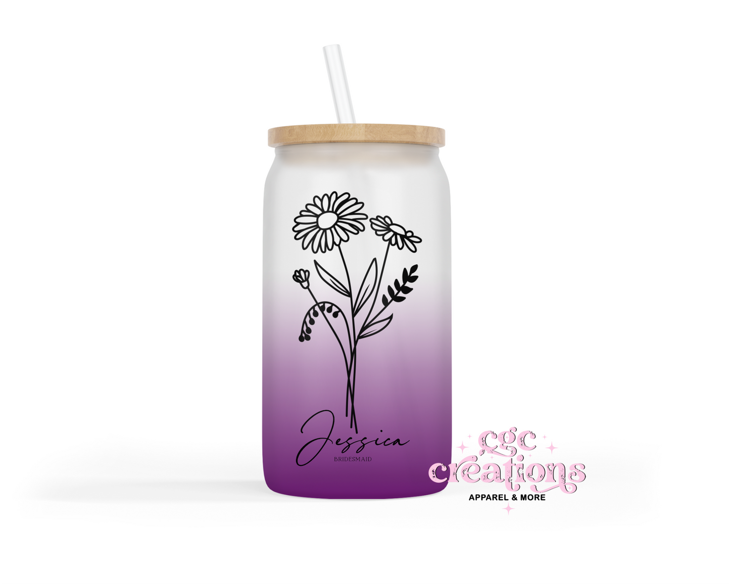 Wedding Party Personalized 16oz Glass Cup With Lid