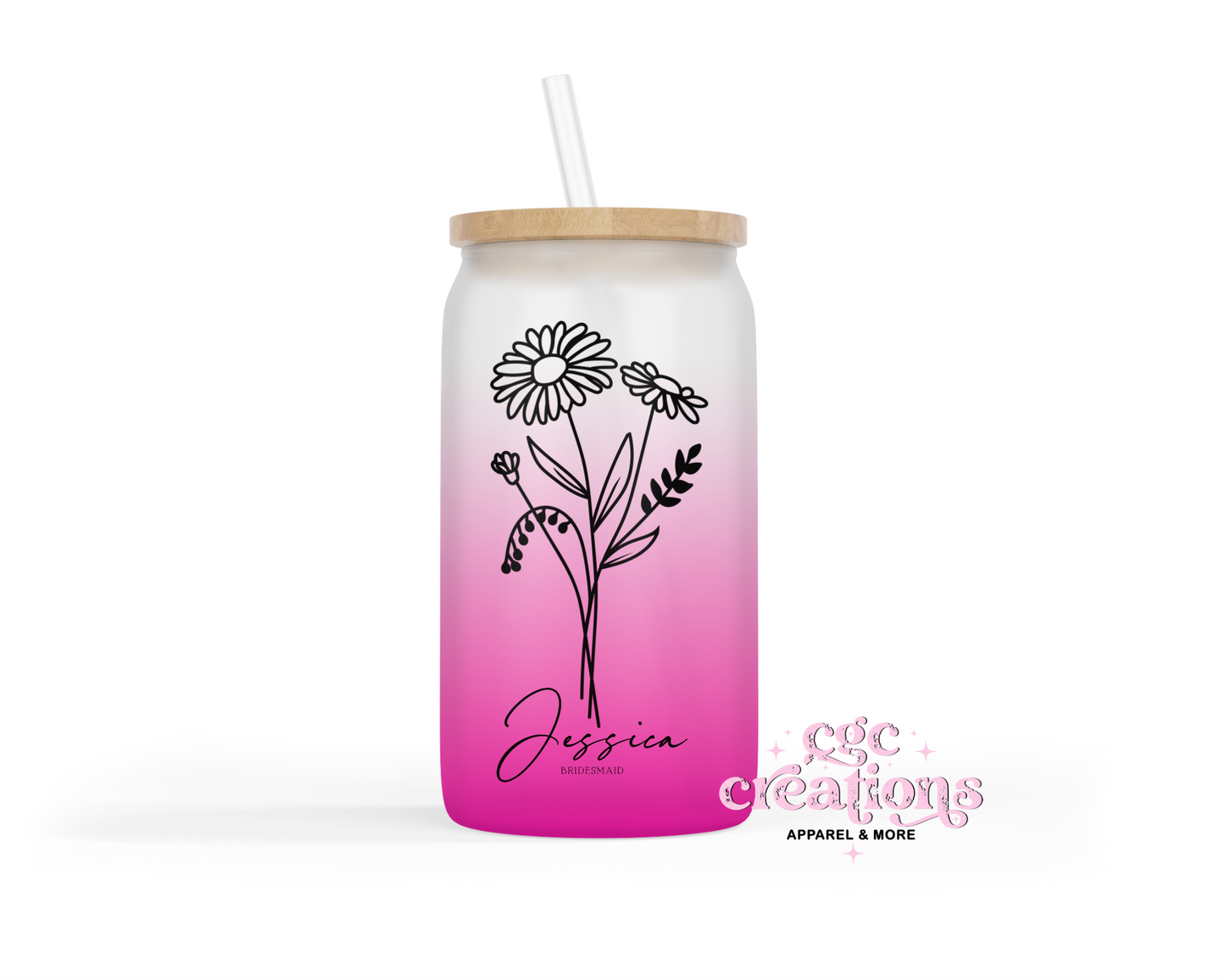 Wedding Party Personalized 16oz Glass Cup With Lid