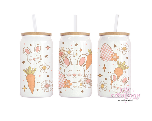 Cute Retro Carrots And Bunnies Easter Glass Cup With Lid