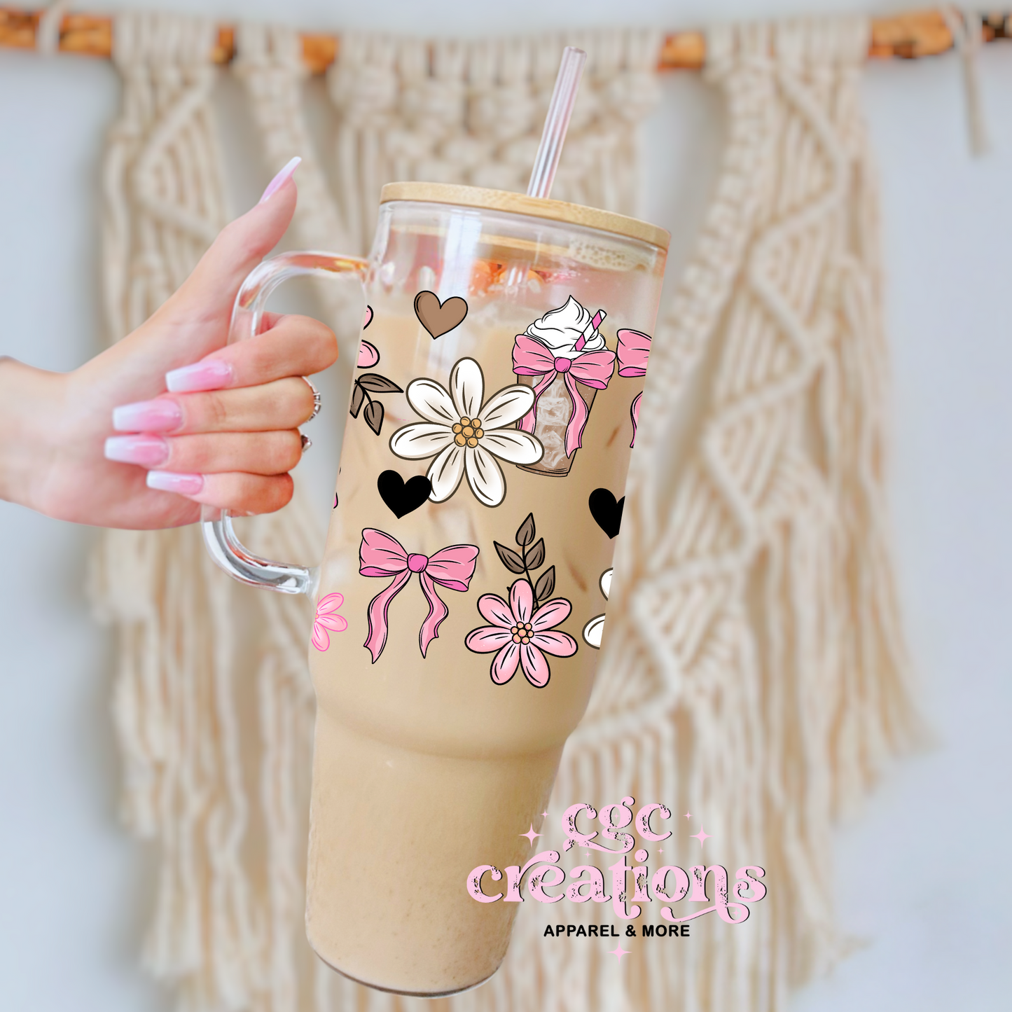 Iced Coffee Floral Bow 40oz Glass Cup With Bamboo Lid