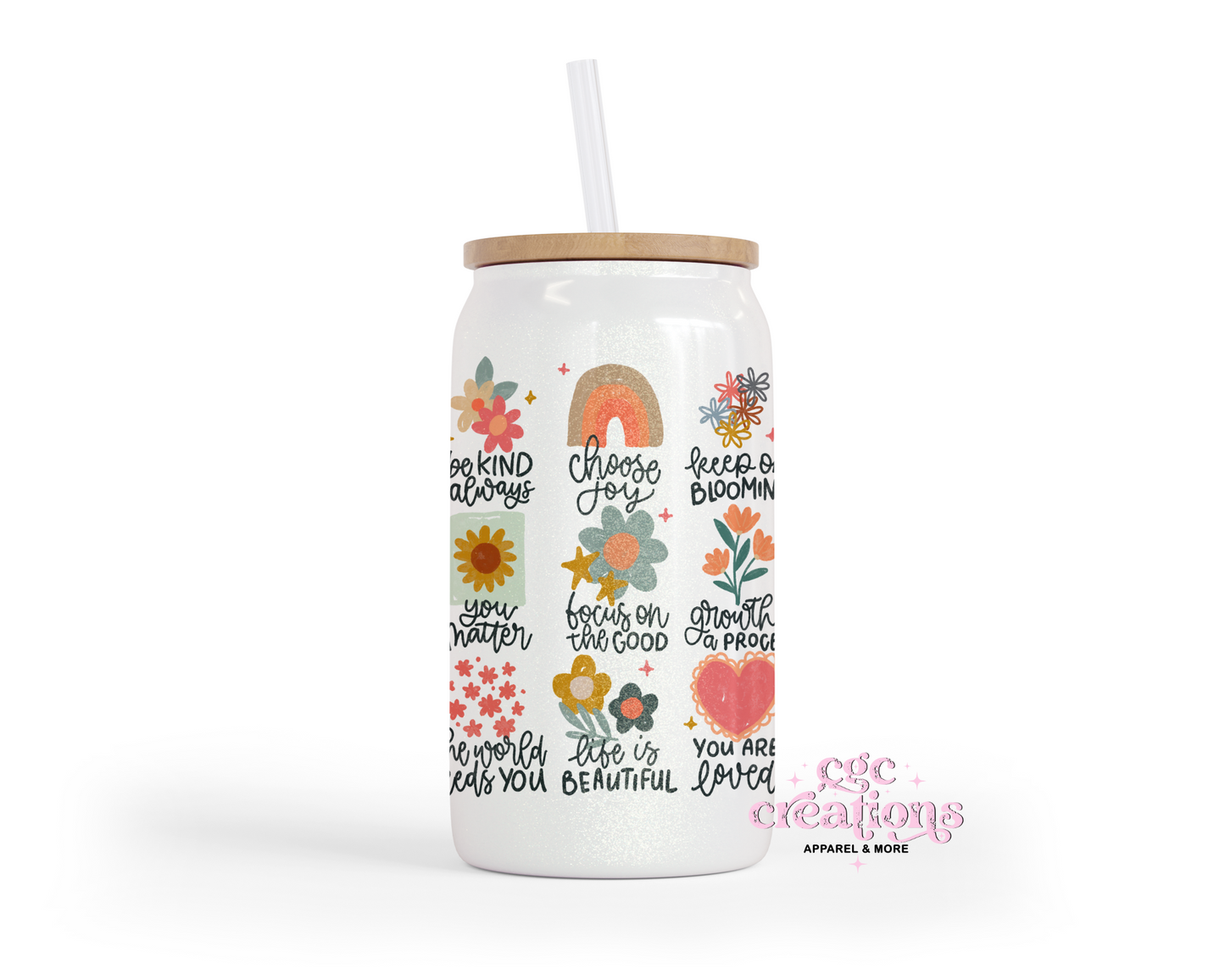 Positive Affirmations 16oz Glass Cup With Lid