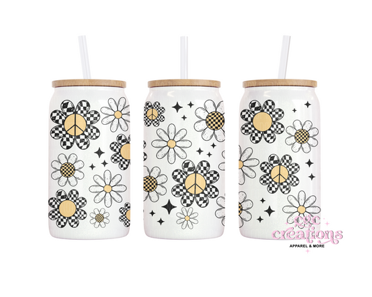 Retro Checkered Flowers 16oz Glass Cup With Lid