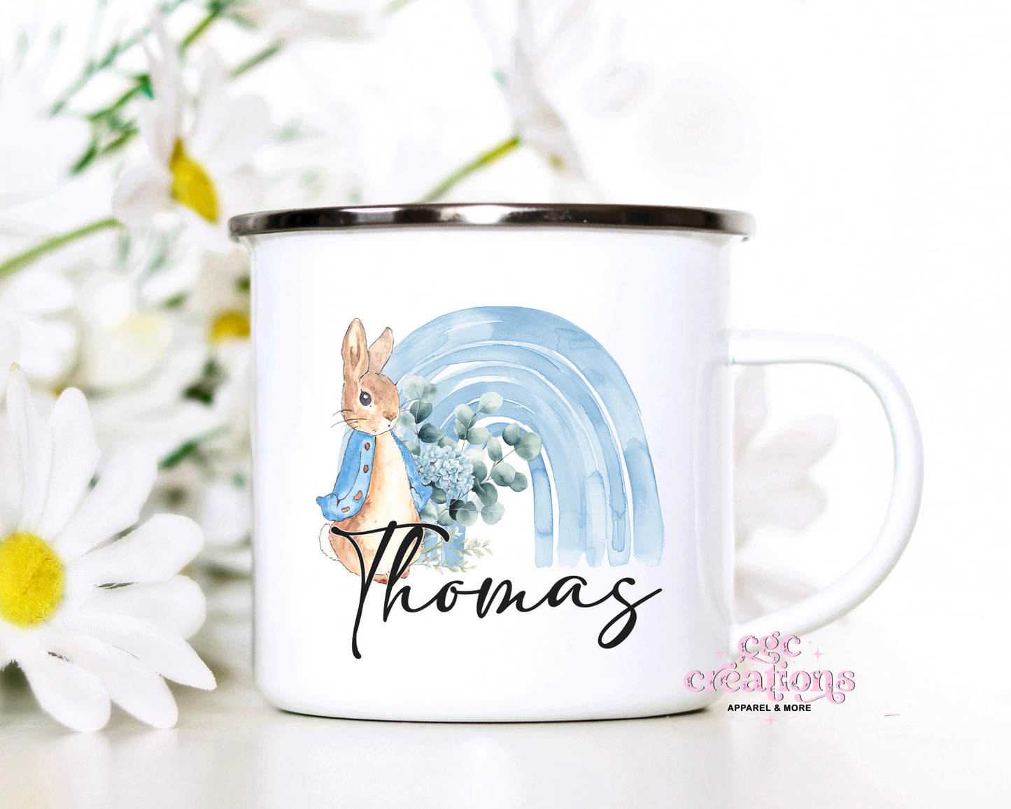 Personalized Rainbow Bunny Enamel Mug