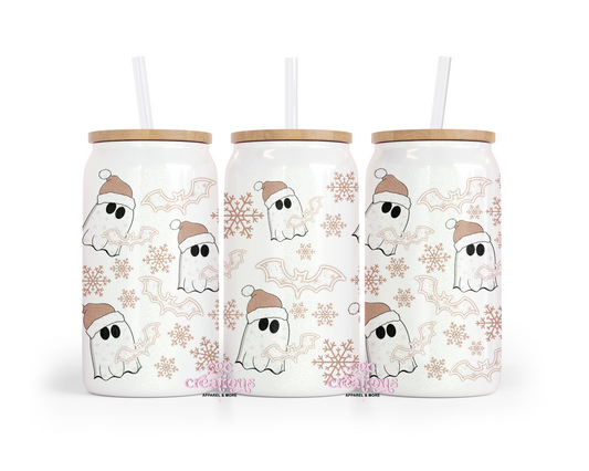 Christmas Ghostie #3 16oz Glass Cup With Lid