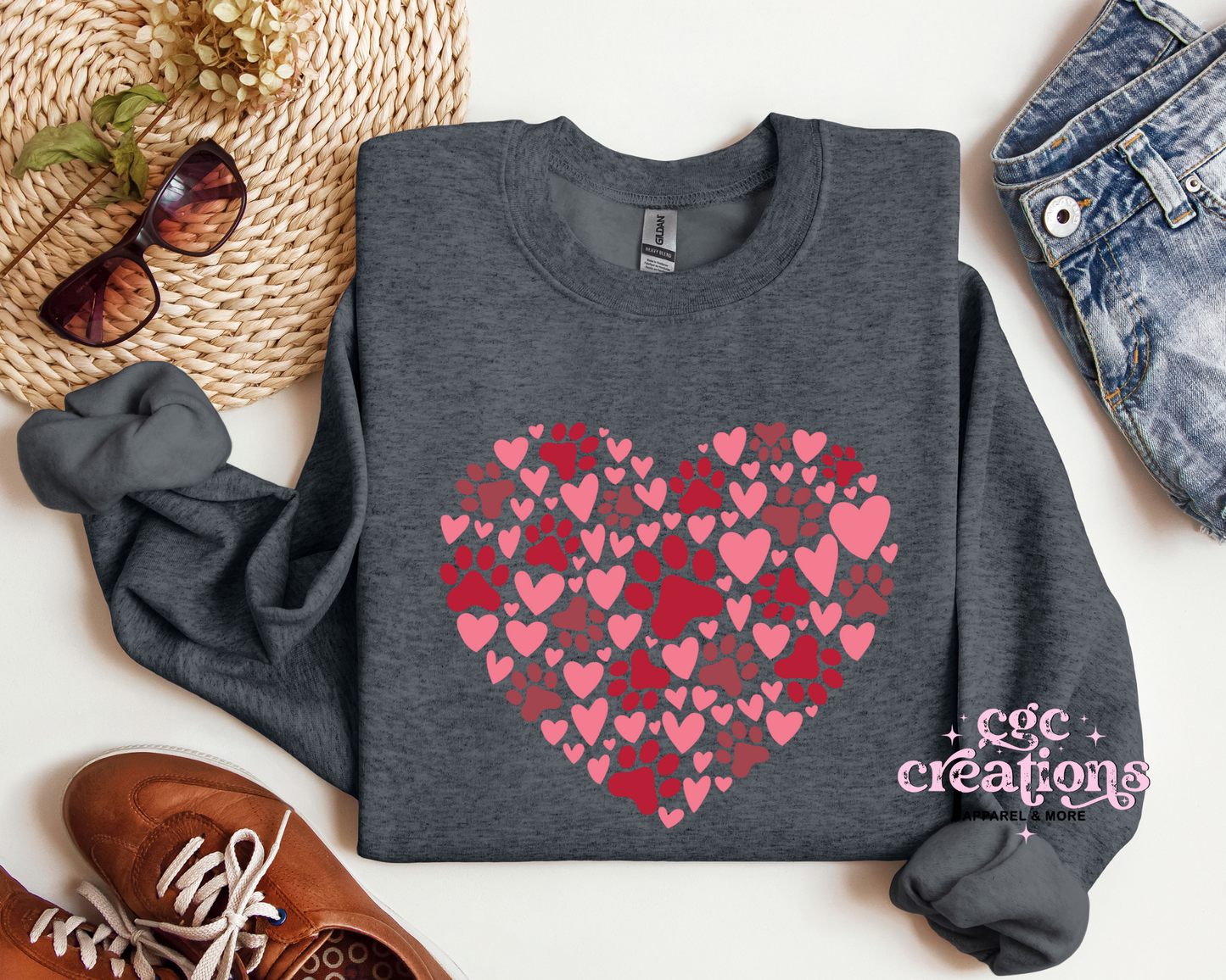 Dog Paw Print Heart Crewneck Sweatshirt