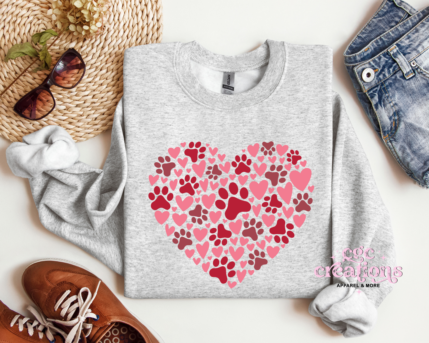 Dog Paw Print Heart Crewneck Sweatshirt