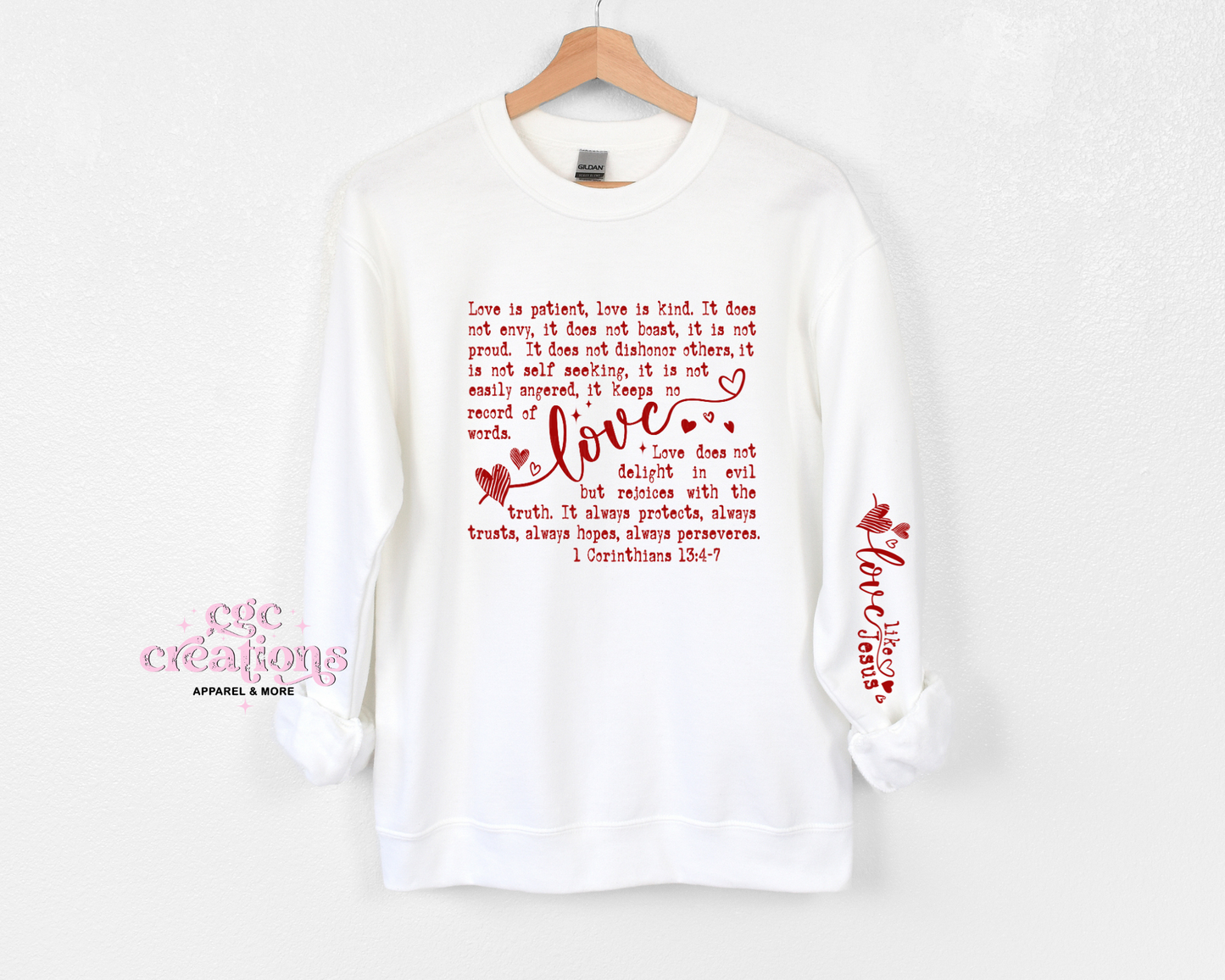 Love Is Patient Bible Verse Valentine Includes ONE Sleeve Image (as shown) Crewneck Sweatshirt