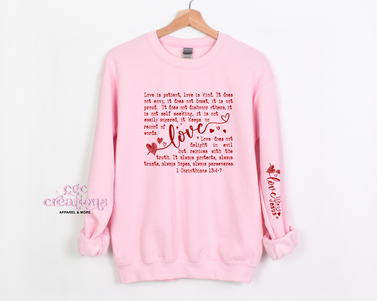 Love Is Patient Bible Verse Valentine Includes ONE Sleeve Image (as shown) Crewneck Sweatshirt