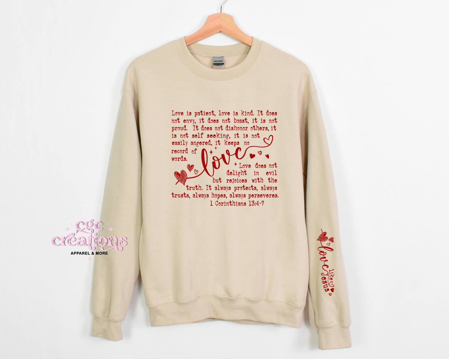 Love Is Patient Bible Verse Valentine Includes ONE Sleeve Image (as shown) Crewneck Sweatshirt