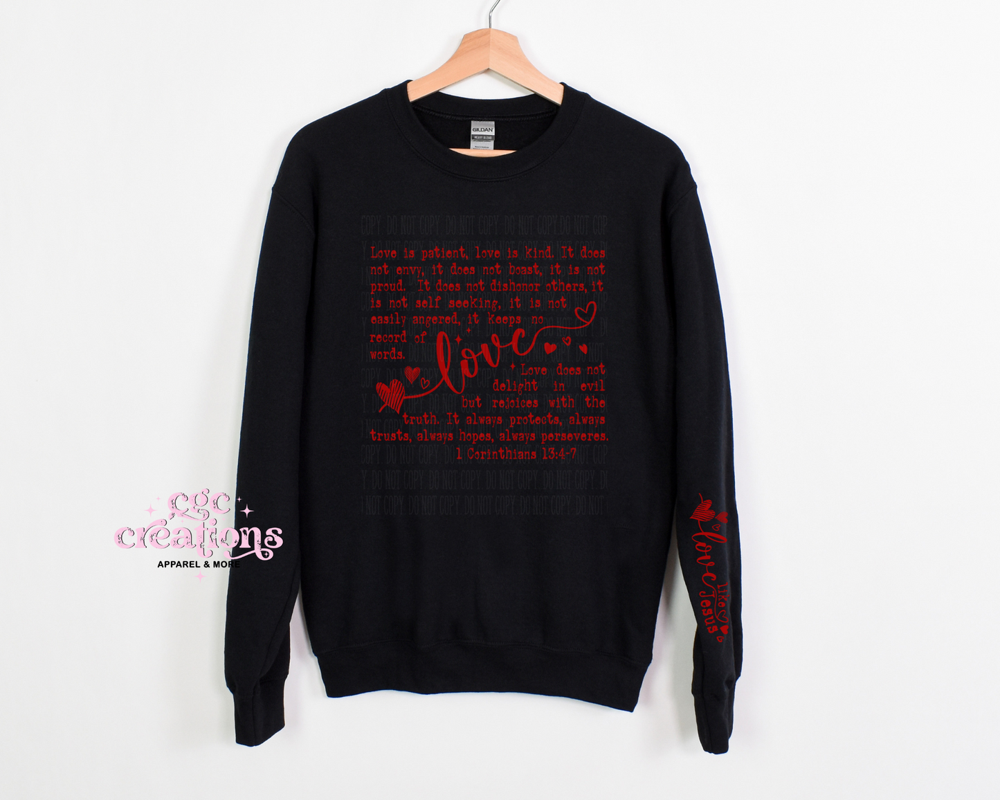 Love Is Patient Bible Verse Valentine Includes ONE Sleeve Image (as shown) Crewneck Sweatshirt